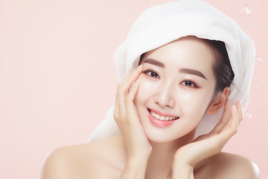Beautiful asian women washing face with copy space on solid pastel background.Beauty,skin care and spa concept, Asian woman portrait.Created with Generative AI technology. photo