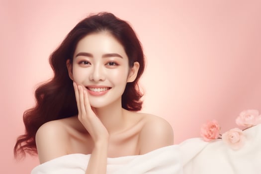 Beautiful asian women washing face with copy space on solid pastel background.Beauty,skin care and spa concept, Asian woman portrait.Created with Generative AI technology. photo