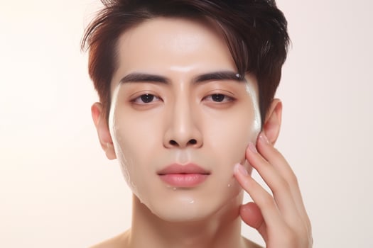 Handsome Asian man washing face with copy space on solid pastel background.Beauty,skin care and spa concept, Asian woman portrait.Created with Generative AI technology. photo