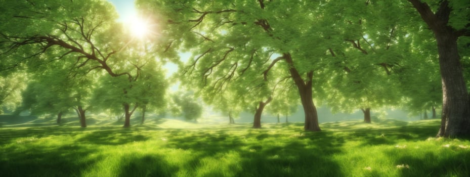 Spring Nature. Beautiful Landscape. Green Grass and Trees. AI generated photo