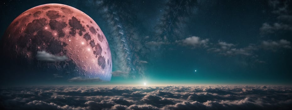 Romantic Moon In Starry Night Over Clouds. AI generated photo