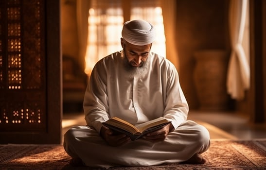 He is making a traditional prayer to God and reading the Quran. AI Generative photo
