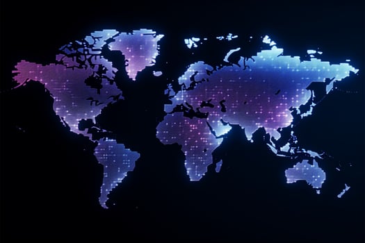 Neon effect world map created from dots, symbolizing globalization AI Generated photo