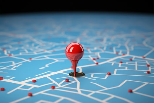 Pointer focus. Red map pin on blue offers ample copy area AI Generated photo