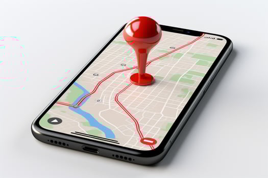 Smartphone screen template with red GPS pin, rendered in 3D AI Generated photo