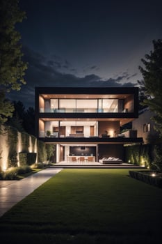 Modern house with garden at night. AI generated photo