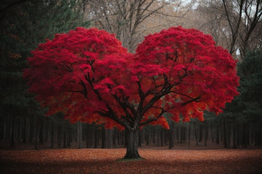 Red heart shaped tree. AI generated photo