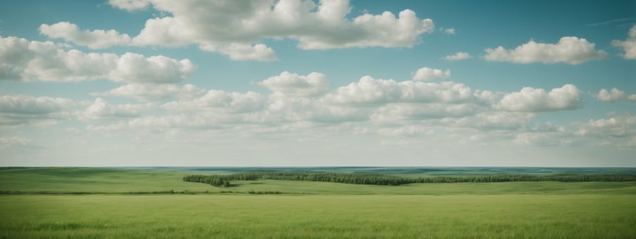 russia summer landscape - green fileds, the blue sky and white clouds. AI generated photo