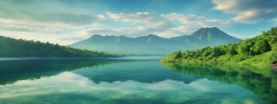 Volcanic mountain in morning light reflected in calm waters of lake.. AI generated photo