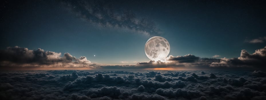 Romantic Moon In Starry Night Over Clouds. AI generated photo