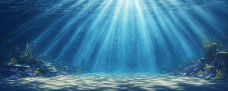 underwater background deep blue sea and beautiful light rays with sandy floor. AI generated photo