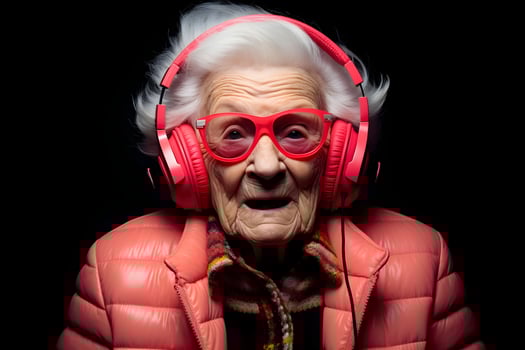 an elderly woman wearing headphones and a pink jacket. ai generative photo