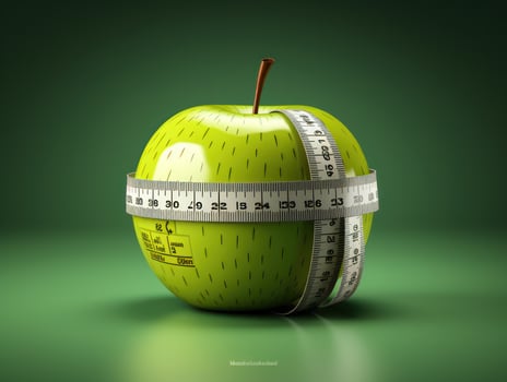 Green apple with measuring tape on green background. Diet concept. 3D illustration. AI Generative photo