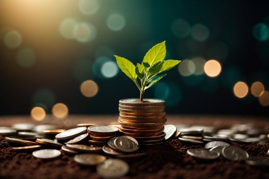 Plant Growing In Savings Coins - Investment And Interest Concept. AI generated photo