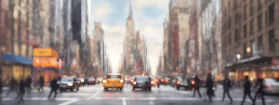 Defocused blur across urban buildings in New York City. AI generated photo