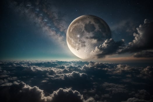 Romantic Moon In Starry Night Over Clouds. AI generated photo