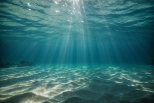 underwater background deep blue sea and beautiful light rays with sandy floor. AI generated photo