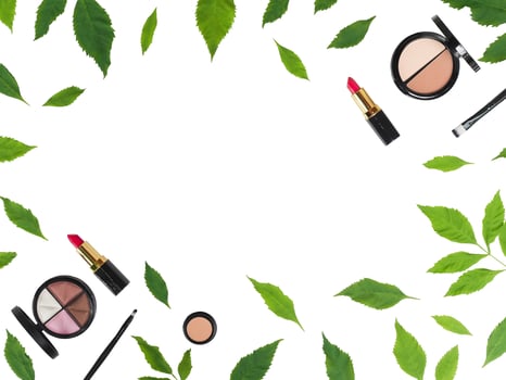 Set of makeup cosmetic accessories on white background. photo