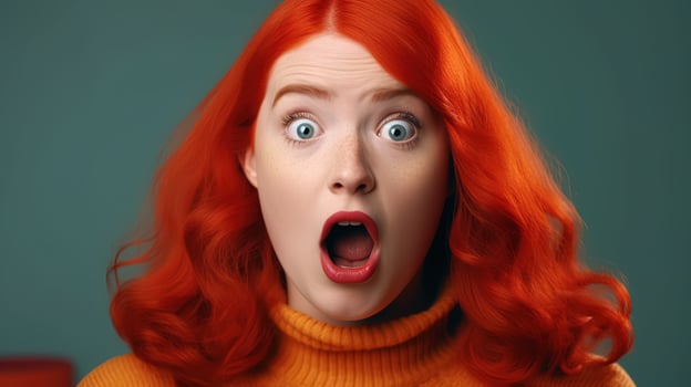 Portrait of a red haired young surprised, excited woman close up on a blue background photo