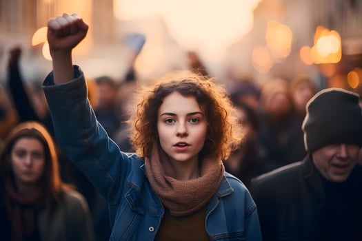 woman holding up fist in protest. ai generative photo