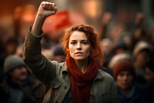 woman holding up a fist in a crowd. ai generative photo