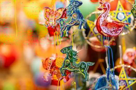 Decorated colorful lanterns hanging on a stand in the streets in Ho Chi Minh City, Vietnam during Mid Autumn Festival. Chinese language in photos mean money and happiness. Selective focus.