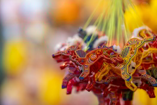 Decorated colorful lanterns hanging on a stand in the streets in Ho Chi Minh City, Vietnam during Mid Autumn Festival. Chinese language in photos mean money and happiness. Selective focus.