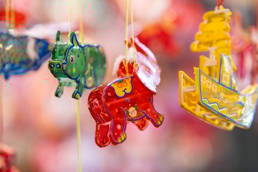 Decorated colorful lanterns hanging on a stand in the streets in Ho Chi Minh City, Vietnam during Mid Autumn Festival. Chinese language in photos mean money and happiness