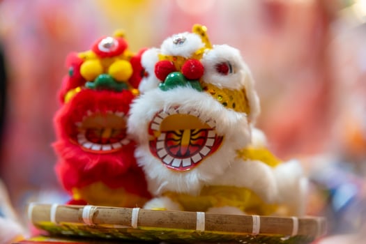 Decorated colorful lanterns hanging on a stand in the streets in Ho Chi Minh City, Vietnam during Mid Autumn Festival. Chinese language in photos mean money and happiness. Selective focus.