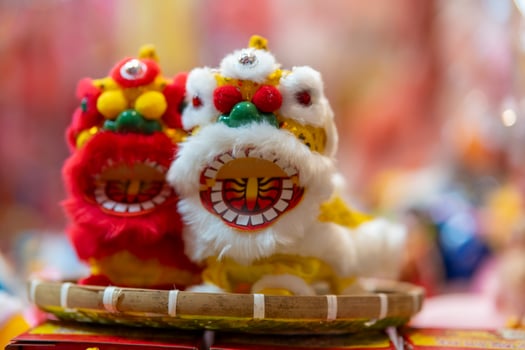 Decorated colorful lanterns hanging on a stand in the streets in Ho Chi Minh City, Vietnam during Mid Autumn Festival. Chinese language in photos mean money and happiness. Selective focus.