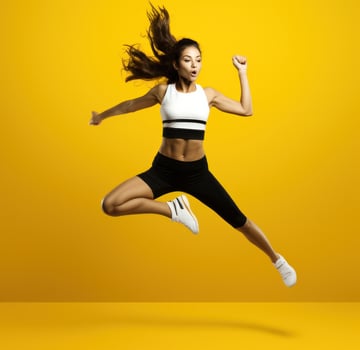A teenage girl jumping in sports clothing on yellow background photo