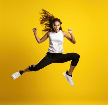 A teenage girl jumping in sports clothing on yellow background photo