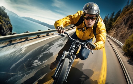 Cyclist riding down the road photo