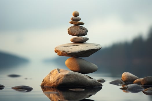 Balancing zen stone pyramid on the shore of a forest lake photo