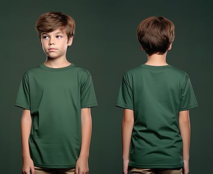 Front and back views of a little boy wearing a green T-shirt. ai generated photo