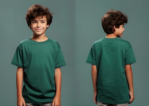 Front and back views of a little boy wearing a green T-shirt. ai generated photo