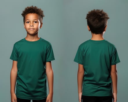 Front and back views of a little boy wearing a green T-shirt. ai generated photo