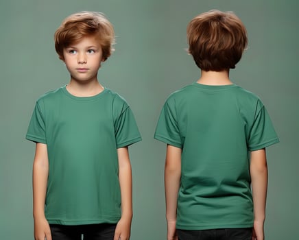Front and back views of a little boy wearing a green T-shirt. ai generated photo