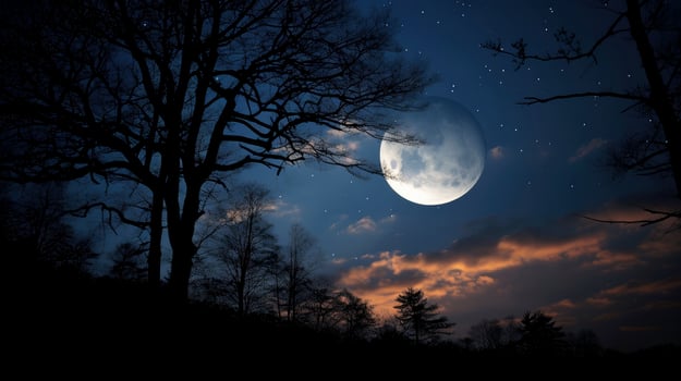 Landscape with moon in night time. Night sky with stars and silhouette Photographer take photo on the mountain, Generative AI illustration