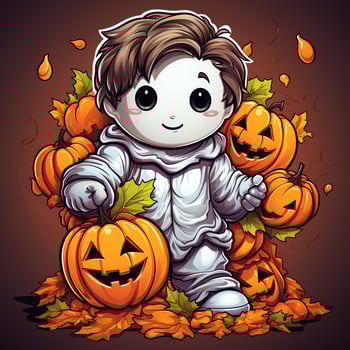 A funny ghosts on halloween celebration in a cemetery at night in cute cartoon style. Halloween by AI generated photo
