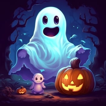 A funny ghosts on halloween celebration in a cemetery at night in cute cartoon style. Halloween by AI generated photo