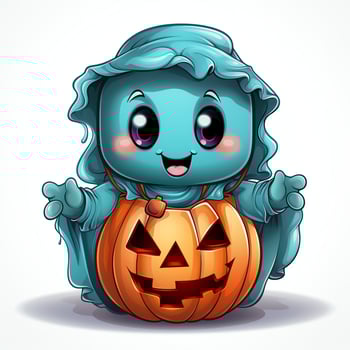 A funny ghosts on halloween celebration in a cemetery at night in cute cartoon style. Halloween by AI generated photo