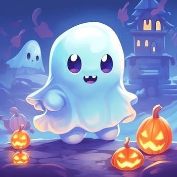 A funny ghosts on halloween celebration in a cemetery at night in cute cartoon style. Halloween by AI generated photo