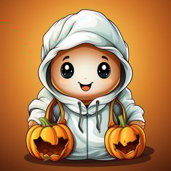 A funny ghosts on halloween celebration in a cemetery at night in cute cartoon style. Halloween by AI generated photo