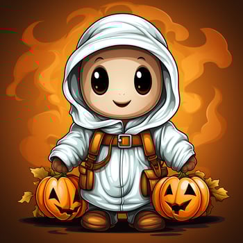 A funny ghosts on halloween celebration in a cemetery at night in cute cartoon style. Halloween by AI generated photo
