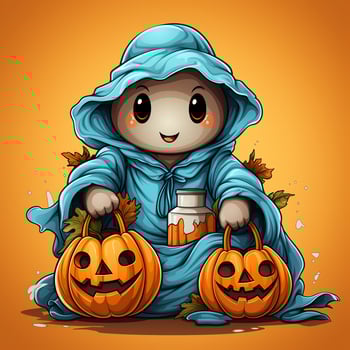 A funny ghosts on halloween celebration in a cemetery at night in cute cartoon style. Halloween by AI generated photo
