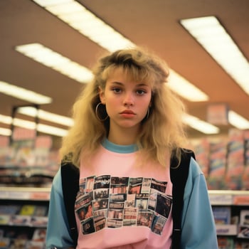 Generative AI, teen portrait in style 90s or 80s, retro fashion, vintage colors photo