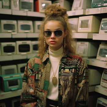 Generative AI, teen portrait in style 90s or 80s, retro fashion, vintage colors photo