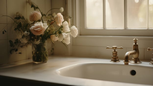 Generative AI, home bathroom decoration close up, muted colors, photorealistic aestethic background, wabi sabi interior design photo