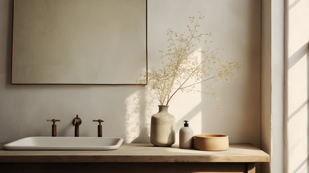 Generative AI, home bathroom decoration close up, muted colors, photorealistic aestethic background, wabi sabi interior design photo